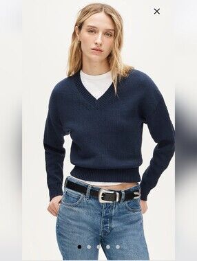 NWT J.Crew Cropped V-Neck Knit Sweater - Navy Cotton-blend pullover Sz M $118